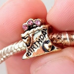 925 Birthday Pink Rhinestone Present Gold Bead Charm